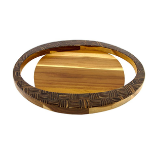 Food Grade Teak Wood Round Tray Dark Coconut <b>Shell</b> Inlay Weaving Motif <b>Light</b> Brown Forty Centimeters For Home Table Decor Pieces - Product Image 1