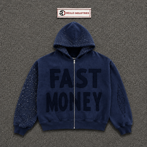 Sweat à capuche zippé bleu marine pour homme, motif graphique Fast Money, en polaire oversize avec manches ornées de strass, style streetwear décontracté, manches classiques - Product Image 5