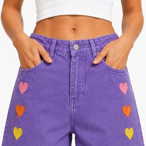 Shorts en jean pour femme, taille haute, coupe ample, ourlet retroussé, en coton, brodés de cœurs arc-en-ciel violets, style décontracté, mode estivale - Product Image 5