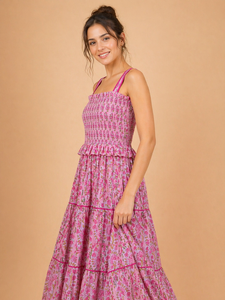 Vestido Maxi Smocked Floral Rosa para Mujer al por Mayor, Sin Mangas, con Volantes, Casual de Verano, 100% Algodón Chifón - Product Image 2