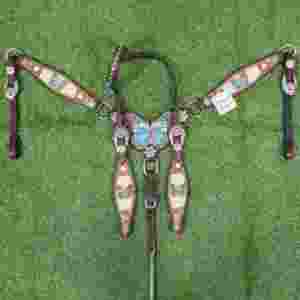 Juego de Arreos para Caballo con Mariposas Turquesas: Cabezada de Cuero Pintada a Mano, Concho de Flor Turquesa - Product Image 5