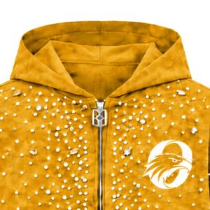 Sudadera con capucha y cremallera completa Mustard Gold Pearl, chaqueta estilo streetwear con perlas incrustadas, sudadera con capucha de manga larga con bolsillos frontales - Product Image 3