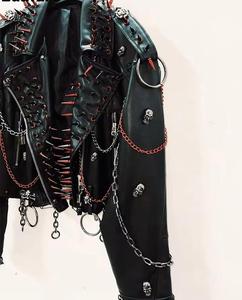 <b>Punk</b> Style Men's PU Leather <b>Jacket</b> With Spikes Chains Skulls Zipper Closure Regular Fit Autumn Wear - Product Image 4