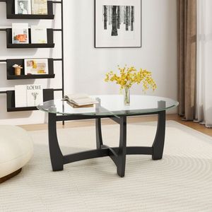 Tavolino ovale con piano in vetro temperato resistente ed eleganti gambe in legno di gomma - Product Image 2
