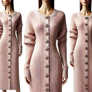<b>Women</b> Rib Knit Button Front Pullover <b>Dress</b> Full Sleeve Crew Neck Mini Length 100% Acrylic Elegant Winter Style - Product Image 6