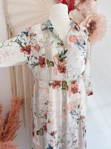 <b>Boho</b> Solid Floral Print Chiffon Shirt <b>Dress</b> Long Sleeve Maxi Loose Fit V-neck <b>Summer</b> Casual Wear Women - Product Image 5