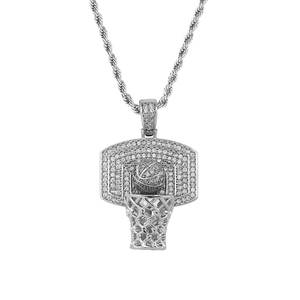 Pendentif de panier de basket en argent plaqué rhodium pour homme avec boule et filet en diamant de laboratoire, style hip-hop, pour usage quotidien - Product Image 1