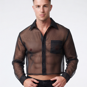 Camisa Corta Sexy de Malla Transparente, Manga Larga, Cuello Camisero, Botones, Blusa de Fiesta, 100% Poliéster, Camisas Cortas Transparentes Unisex - Product Image 6