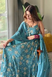 Ensemble Anarkali en satin de soie bleu à motifs floraux, coupe ample, sans manches, Kurta, pantalon Palazzo, Dupatta, pour mariage, tenue de soirée, 2 pièces - Product Image 6