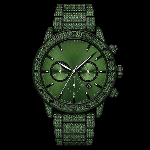 Reloj de hombre Green Stone Iced Out con esfera oscura, cronógrafo, indicador de fecha, reloj de lujo para fiestas. - Product Image 1