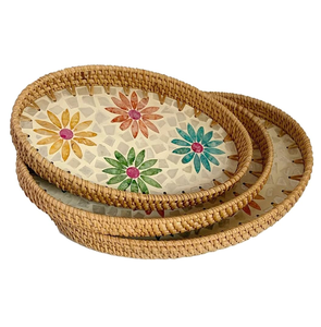 Plateau de rangement de cuisine en rotin et nacre pour aliments et desserts, forme et taille personnalisées, vaisselle de mariage utilisée - Product Image 5