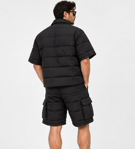 Men's Black <b>Quilted</b> Knitted 140g Short Sleeve <b>Shirt</b> and Shorts Set Turn-Down Collar Thermal Casual Winter Wear - Product Image 2