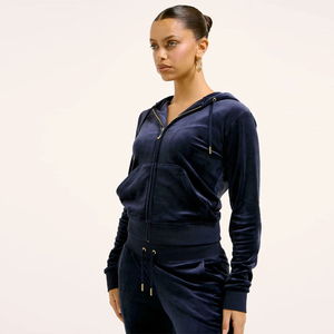 Women's Navy <b>Velvet</b> Tracksuit Set Hooded Zip Up Jacket and <b>Jogger</b> Pants Casual Sporty Outfit - Product Image 1