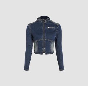 Blouson Moto en Jean Lavé pour Homme Coupe Slim Col Montant Fermeture Éclair Longueur Courte Automne Couleur Unie Manches Classiques - Product Image 2