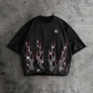 T-shirt homme tendance Y2K, design personnalisé avec strass, coupe oversize, style hip-hop streetwear, coton épais, noir, imprimé graphique. - Product Image 3
