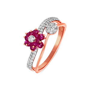 Bague de fiançailles de luxe en or rose 14 carats avec rubis, motif fleur épanouie, diamants et rubis marquise sertis pavé, diamant taille brillant - Product Image 1