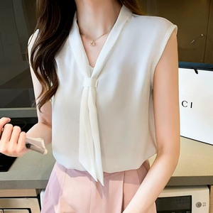 Women’s Vintage V Neck Tank <b>Blouse</b> Sleeveless Skinny Fit Button Office Shirt Anti-Wrinkle - Product Image 1
