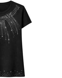 Camiseta de algodón negra personalizada para mujer con diseño de borlas de diamantes de imitación, manga corta, cuello redondo, top informal de moda para damas, venta al por mayor. - Product Image 4