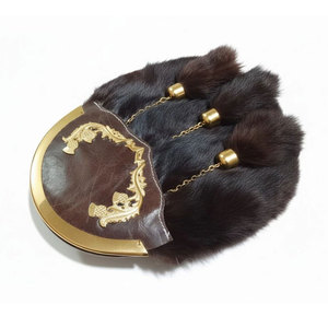 Handmade Real Genuine Leather Scottish Kilt Sporran Dark <b>Fur</b> & Gold Thistle Highland Traditional Accessory for Suits - Product Image 2
