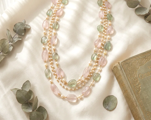 Luxury Handcrafted Rose Quartz <b>Green</b> Fluorite Cultured Pearl Multi-Row Layered Mala Necklace Pastel Crystal Beaded Jewelry - Product Image 4