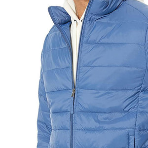 Men's Blue Puffer <b>Jacket</b> Solid Color Zipper Front Windproof Casual Autumn Wear Polyester Wadding Stand Collar Regular Fit - Product Image 4