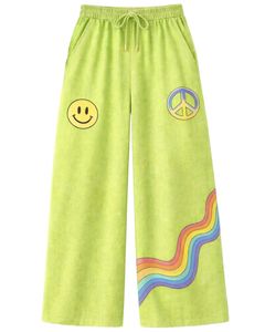 Conjunto coordinado de dos piezas para mujer en verde lima, camisa con estampado de dibujos animados y pantalones anchos, atuendo informal de verano a juego para mujer, a la moda. - Product Image 3