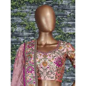 Seductor melocotón bordado seda nupcial Lehenga Choli con Dupatta para ropa de boda - Product Image 4