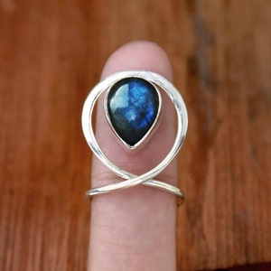 Handmade Natural <b>Labradorite</b> Pear-Shaped Christian Bohemian Sterling Silver Chunky Gemstone <b>Ring</b> for Women - Product Image 1