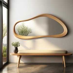Modern Organic <b>Wave</b> Solid Wood Wall <b>Mirror</b> Horizontal Fluid Asymmetric Timber Frame Accent <b>Mirror</b> Luxury Living Room Decor Piece - Product Image 1
