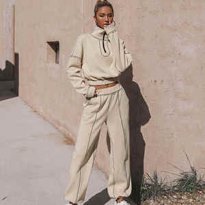Women’s Two Piece Lounge Set Quarter Zip Pullover Sweatshirt Wide Leg Pants Casual Cream Matching <b>Tracksuit</b> Suit Comfortable - Product Image 3