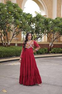 Women Traditional Rayon Floor-Length Party Gown with Gamthi Embroidery Mirror <b>Gota</b> Patti Lace Wrinkle-Free Fabric - Product Image 2