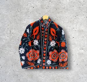 Hand Embroidered Floral Mandarin Collar <b>Jacket</b> <b>Women</b> Autumn Full Sleeve Regular <b>Velvet</b> Suzani Coat Prairie Chic Style - Product Image 2