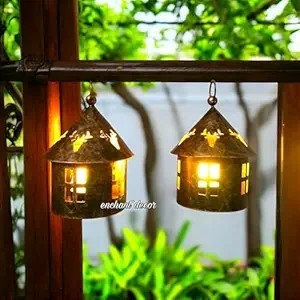 Vintage White Metal <b>Lantern</b> Glass Panels Durable Build Hanging Handle Warm Ambient Lighting Stylish Home Decor Accent - Product Image 6