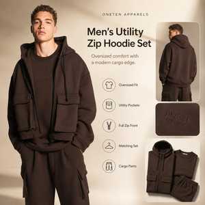 Ensemble de survêtement personnalisé épais et oversize à coupe droite avec fermeture éclair et capuche, fournisseur OEM, ensemble sweat à capuche et pantalon de jogging en polyester avec logo personnalisé - Product Image 1
