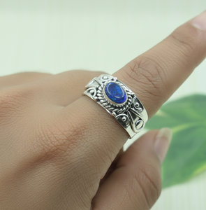 925 Sterling Silver Blue <b>Opal</b> <b>Ring</b> Vintage Floral Engraved Statement <b>Ring</b> Yellow <b>Gold</b> Plated Handmade Jewelry Gift for Women Men - Product Image 3