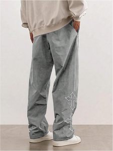 Wholesale Customized Street Style Reflective Stripe Casual Cargo Pants Cross Print <b>Men's</b> Loose Fitness Jogging Sweatpants - Product Image 4