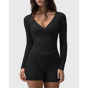 Women Seamless <b>Black</b> <b>Long</b> <b>Sleeve</b> Deep V Neck <b>Bodysuit</b> Solid Color Full <b>Sleeve</b> Activewear Skinny Fit Yoga Top - Product Image 6