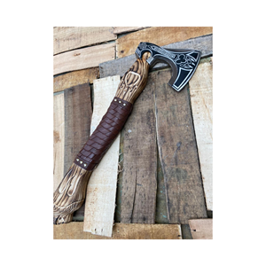 Hand Forged Tomahawk <b>Axe</b> With Wooden <b>Handle</b> And Leather Wrap For Survival Use - Product Image 1