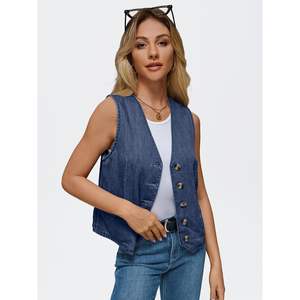 Automet mujeres 2025 otoño sin mangas con cuello en V Top trajes Jean chaleco Tops tejido Denim botón abajo chaleco Y2K ropa exterior - Product Image 4