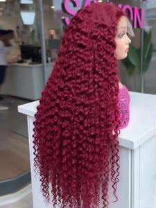 부르고뉴 컬러 99j 레드 13x4 레이스 정면 가발 깊은 웨이브 200% 밀도 미리 뽑은 처녀 브라질 인모 - Product Image 1