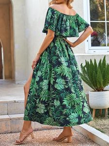 Robe longue d'été florale à volants pour femme, épaules dénudées, manches courtes, dos nu, corsage à volants, ourlet fendu, robes de plage - Product Image 5