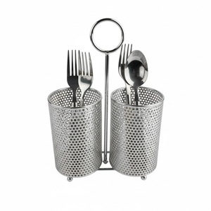New Gold Cutlery Holder Perforated Metal Utensil Organizer Dual Compartment Flatware <b>Caddy</b> For Dining <b>Table</b> Holder With Handle - Product Image 2