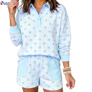 Outfit Hot Selling Polka Dot Polo Collar 2 Piece Set Custom Streetwear Contrast Color Sports <b>Top</b> patched Pocket Shorts Short Set - Product Image 3