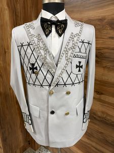 Costume de smoking blanc sur mesure pour homme, double boutonnage, broderie noire, ornements en chaîne, devant plat, Shilpa Creation Viscose Plus - Product Image 5