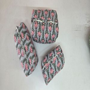 Quilted Cotton Travel & Daily Use <b>Drawstring</b> <b>Toiletry</b> <b>Bag</b> Set of 3 Makeup <b>Bag</b> WashBag - Product Image 2