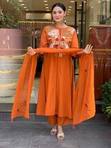 Women Stylish Orange <b>Silk</b> Salwar Kameez Embroidery Regular Fit Casual Wedding Diwali Sun Protection Quick Dry <b>Kurta</b> Set - Product Image 3