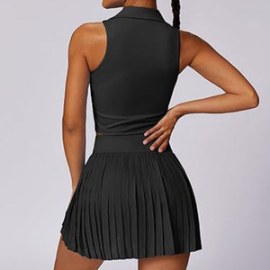 Women's 2-Piece Tennis Set Collared Halter Crop Top & Pleated Skort Built-In <b>Shorts</b> Pocket Breathable Athletic Wear Wholesale OE - Product Image 4