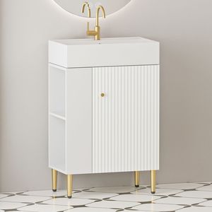 Mobile bagno con ripiano aperto da 21,6 pollici, anta a chiusura ammortizzata e lavabo in ceramica - Armadietto contenitore per guardaroba - Orientamento lato sinistro - Product Image 1