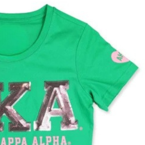 T-shirt graphique personnalisé vert et rose à manches courtes, col rond, haut décontracté et tendance, design métallique, vêtement élégant pour femme au quotidien - Product Image 4