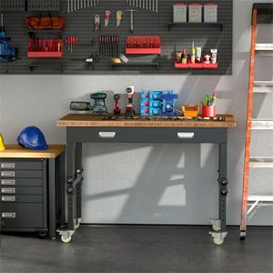 Banco da Lavoro in Bambù da 47 Pollici con Gambe Regolabili, Cassetto e Ruote - Tavolo da Lavoro per Falegnameria e Garage - Product Image 4